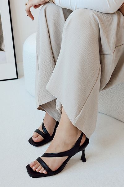 POLKA STORE Botte Women's Square Toe Tape Detailed Heeled Slippers Sandals