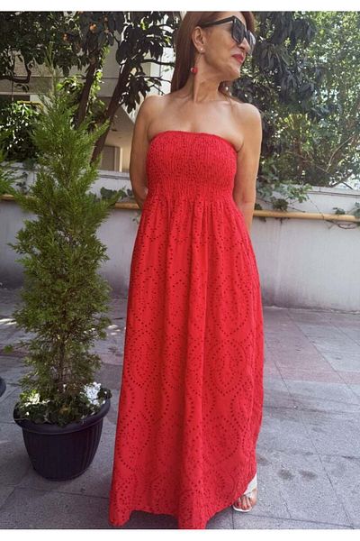 DenizEge Guipure Strapless Dress Red