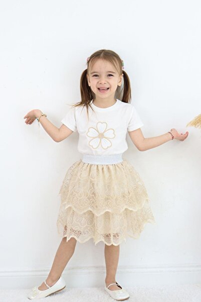 Çocuksan Baby&Kids Wear Girls' Special Occasion Set Beige Lace Layered Skirt and Floral Top Party Set
