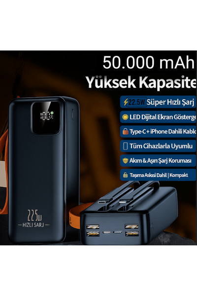 Kılıforyum 50000 mAh Powerbank | 22.5W Süper Hızlı Şarj | LED Ekran | Dahili ...