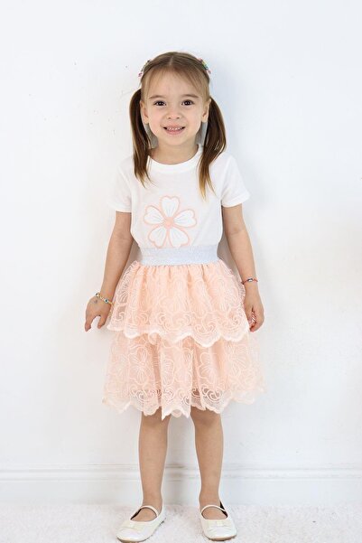 Çocuksan Baby&Kids Wear Girls' Special Occasion Set Salmon Lace Layered Skirt and Floral Top Party Set