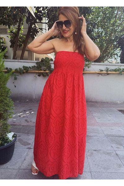 DenizEge Guipure Strapless Dress Red