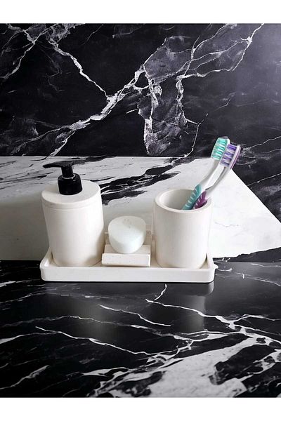 Trust Stone 4-Piece Off-White Bathroom Set, Liquid Soap Dispenser Toothbrush Holder Concrete Accessory Set