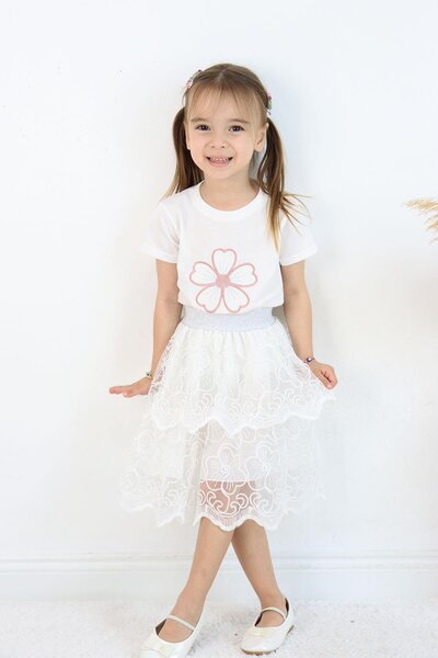 Çocuksan Baby&Kids Wear Girls' Special Occasion Set White Lace Layered Skirt and Floral Top Party Set
