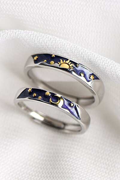 Sahira Jewelry Sarı Ay-Güneş Motifli Gümüş Kaplama Ayarlanabilir Çift Alyans Yüzük