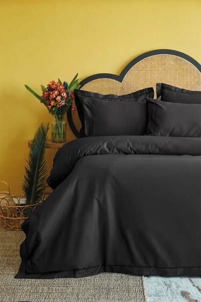 İssimo Home Set de husă de pilota dublă din satin de bumbac negru Michele 300 Tc (120 fire)