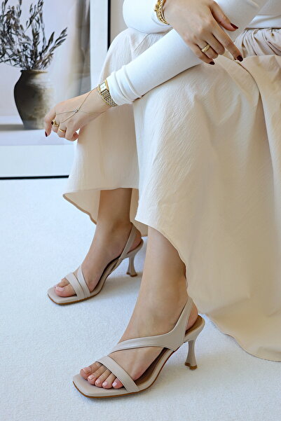 POLKA STORE Botte Women's Square Toe Tape Detailed Heeled Slippers Sandals