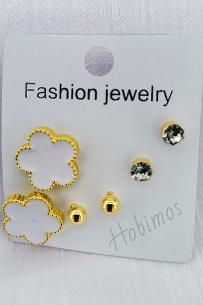 Hobimos 3-Piece Pair Earrings Set - Daisy Design Earrings, Stone Earrings and Ball Earrings Set