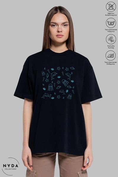 Nyda Collections Women's Crew Neck Sea Creatures Printed Cotton Oversize Short Sleeve T-Shirt