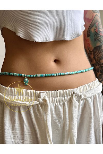 Bohem Shop Handmade Fish Blue Gold Hippie Colorful Bohemian Waist Necklace, Waist Chain, Beaded Belt Boho Beach Summer