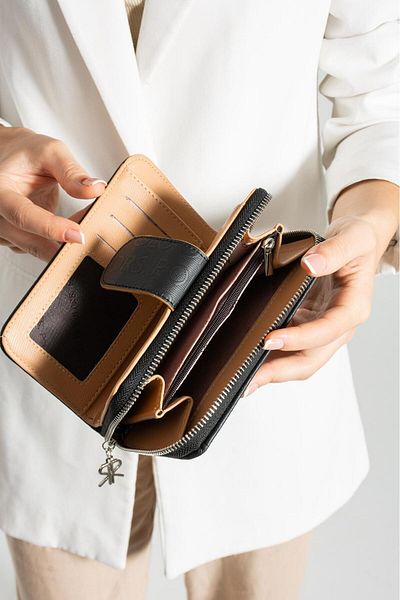 çantamgelsin Polo Of Colors Black Camel Embossed Medium Size Women's Wallet with Coin and Card Compartment