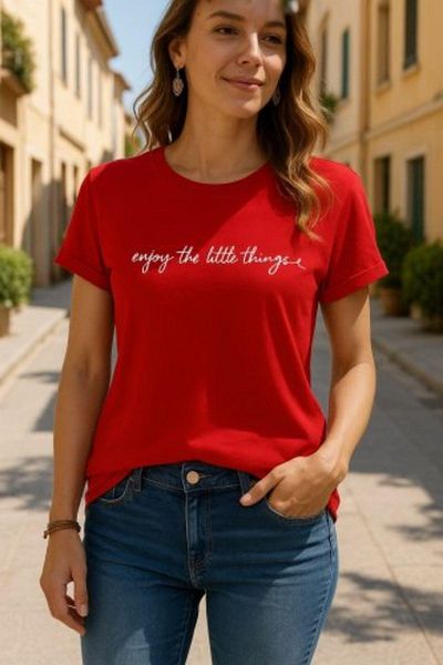 Mossta Short Sleeve Letter Printed Single Jersey Blouse - Red