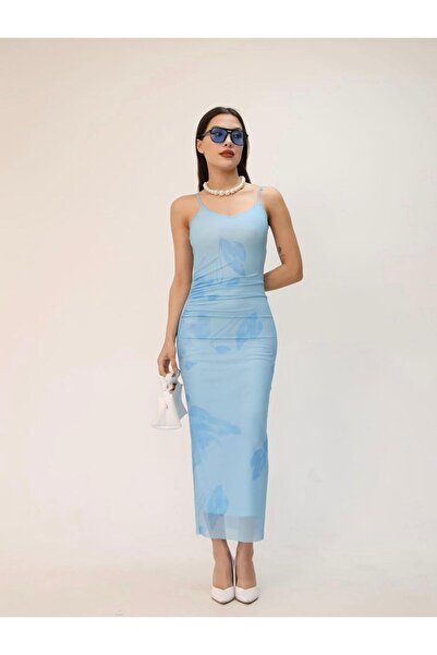 Meros Atelier Zr Model Mavi Çiçek Desenli Askılı Midi Elbise