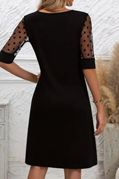 Mossta Φόρεμα κρεπ με πουά μανίκια από τούλι - Μαύρο