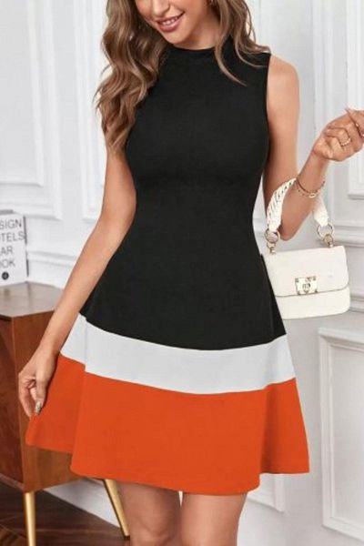 Mossta Sleeveless Turtleneck Stripe Detailed Crepe Dress - Orange