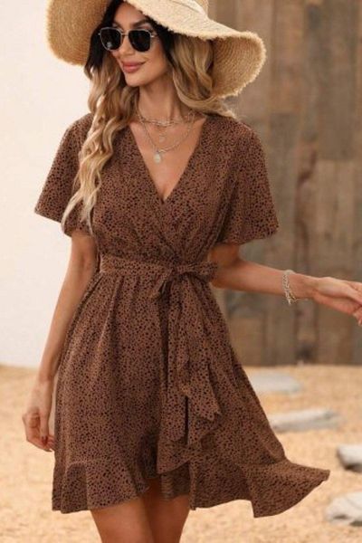 Mossta Double Breasted Collar Belted Mini Single Jersey Dress - Brown