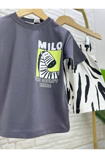 MİO Boys' Cotton Black Zebra Printed T-Shirt and Shorts Set