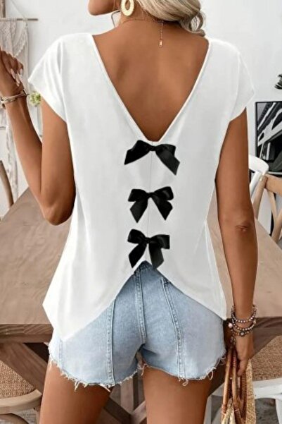 Mossta Μπλούζα από βισκόζη με λεπτομέρεια κορδέλας στην πλάτη - Λευκό