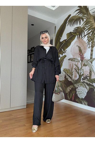 Aselim Hijap Moda Strawberry Linen Shirt Summer Suit – Comfortable Elegance with Pocket Pants (Size 36-48) Black