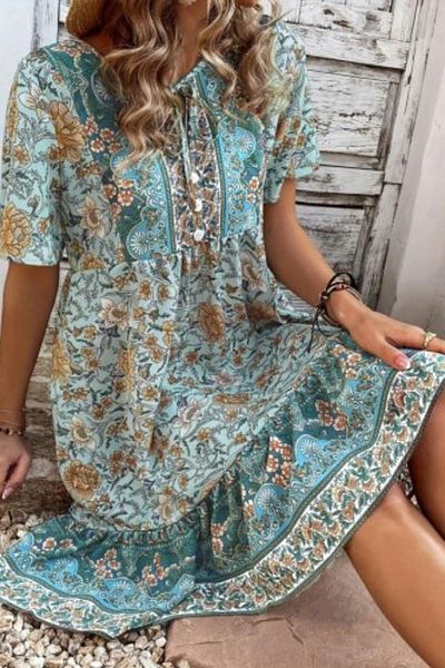 Mossta Patterned Single Jersey Dress with Buttoned Tie Detail - Blue
