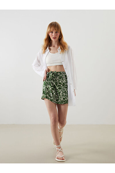 LC Waikiki Green Tie-Waist Patterned Women's Beach Shorts Skirt