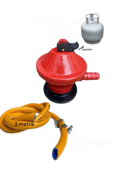 CAMPOUT Büyük Tüp Başlığı 12kg Ev Tüpü Dedantör 2 Metre Gaz Hortumu 2 Kelepçe Set Tüpgaz Regülatör Tüp Hariç