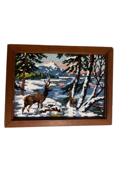 onyyapim EL EMEĞİ GÖZNURU KIŞ MANZARALI REN GEYİKLİ OTANTİK ÇERÇEVELİ GOBLEN TABLO