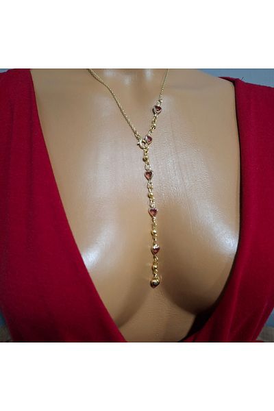 Tasarım Gold Color Pink Heart Y Necklace