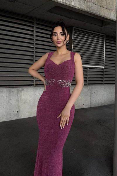 Mossta Heart Neckline Stone Detailed Long Evening Dress - Pink