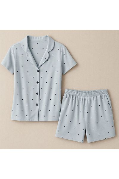 ELİTOL Women's 100% Cotton Buttoned Blue Shorts Pajama Set – Polka Dot Summer Pocketless Set