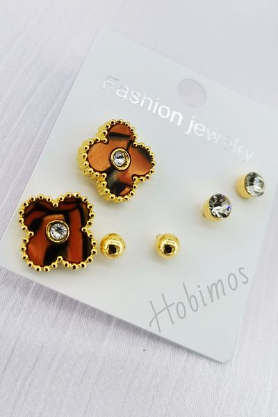 Hobimos 3 Pairs of Earrings Set - Clover Design Earrings, Stone Earrings, Ball Earrings, Cartilage Earrings