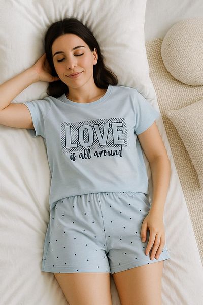 ELİTOL 100% Cotton Blue Women's Summer Pajama Set with Shorts