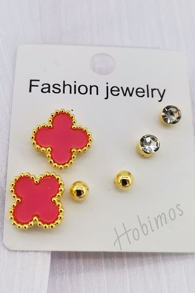 Hobimos 3 Pairs of Earrings Set - Clover Design Earrings, Stone Earrings, Ball Earrings, Cartilage Earrings