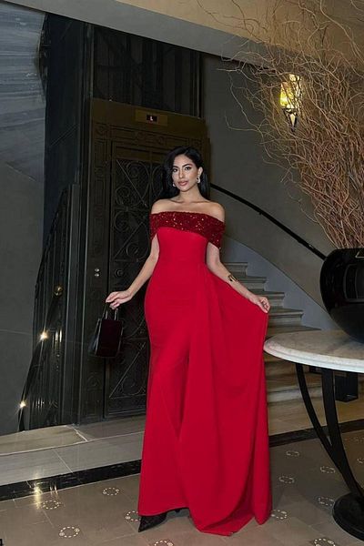 Mossta Off-The-Shoulder Sequined Long Evening Dress - Red