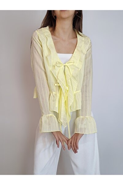 oyagüler KADIN SARI VOLANLI V YAKA BAĞCIKLI GÖMLEK YY101239