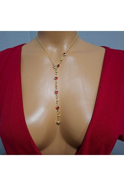 Tasarım Gold Color Red Heart Y Necklace