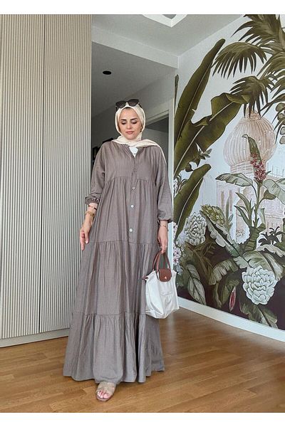 Aselim Hijap Moda Strawberry Fabric Robe Summer Dress |   Buttoned and Relaxed Cut Mink