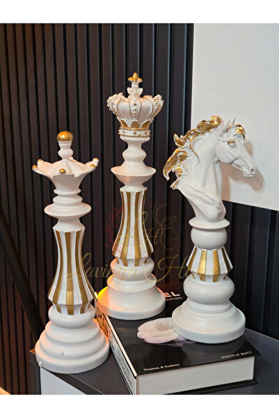 BibloBy Üçlü Satranç Biblo Takımı – Beyaz Gövde, Gold Çizgili | Dekoratif Pol...