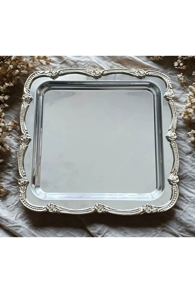 Elzemm store 1 Pcs Stainless Steel Square Service and Presentation Tray with Silver Frame