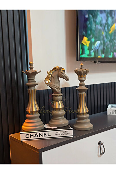 POLYESTERJİİ Üçlü Satranç Biblo Takımı – Bronz Gövde, Gold Çizgili | Dekorati...