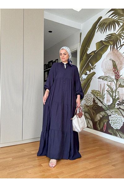 Aselim Hijap Moda Καλοκαιρινό φόρεμα με ρόμπα από ύφασμα φράουλα |   Μπλε Navy με κουμπιά και άνετη εφαρμογή