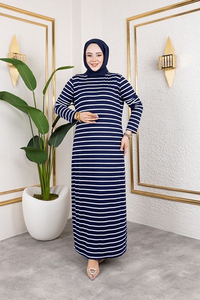 Eliva Women's Navy Blue White Striped Combed Cotton Hijab Dress