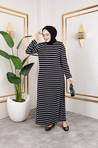 Eliva Women's Black and White Striped Combed Cotton Hijab Dress