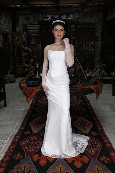 Şenay Ceylan Moda Evi Straplez Saten Dantelli Gelinlik