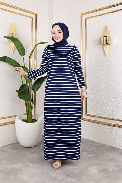 Eliva Women's Navy Blue White Striped Combed Cotton Hijab Dress