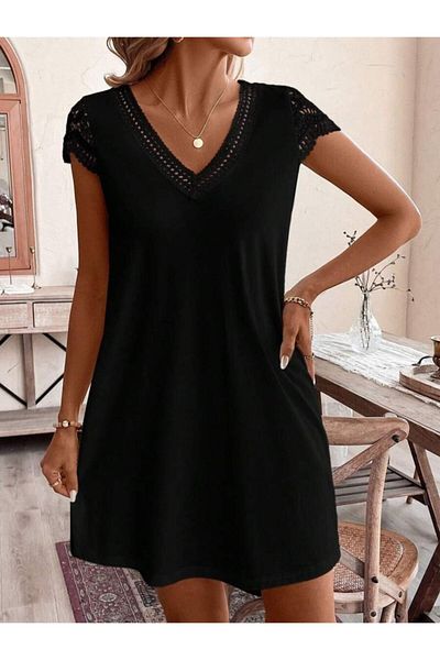 modaserdem Rochie de damă cu mânecă scurtă, cu decolteu în V, din viscoză