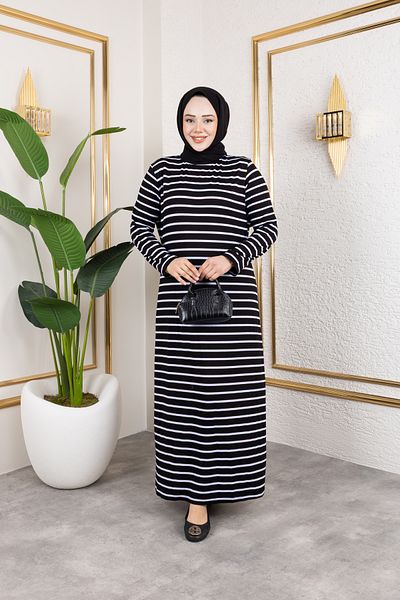 Eliva Women's Black and White Striped Combed Cotton Hijab Dress