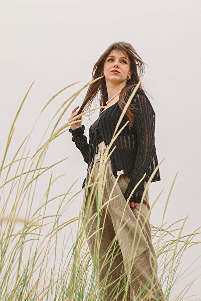 Oiki Bohem File Örgü Crop – Ön Bağcıklı Şık Kısa Üst – Rahat Fit – Günlük Kom...