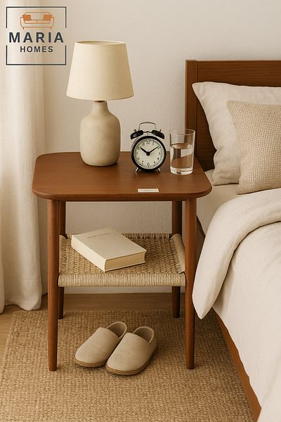 MARIA HOMES Compact Wooden Side Table with Woven Shelf – Square Walnut Top and Tapered Legs