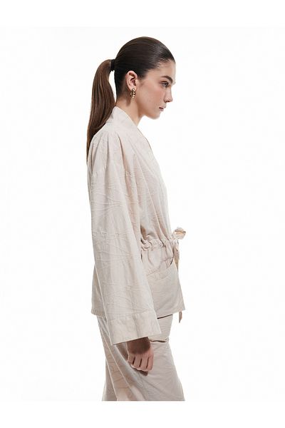 Koton Cotton Pocket Tie Waist Long Sleeve Scalloped Embroidered Double Breasted Kimono